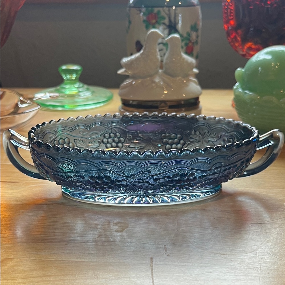 Imperial Glass blue carnival glass oblong bowl two-handled design grape pattern